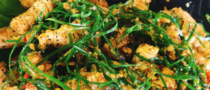Silkworm pupae stir-fried with lolot leaves